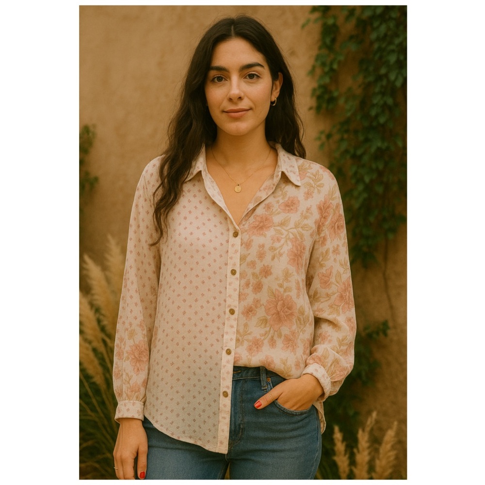 Floral Button Down Blouse XL Sheer Chiffon Long Sleeve Top